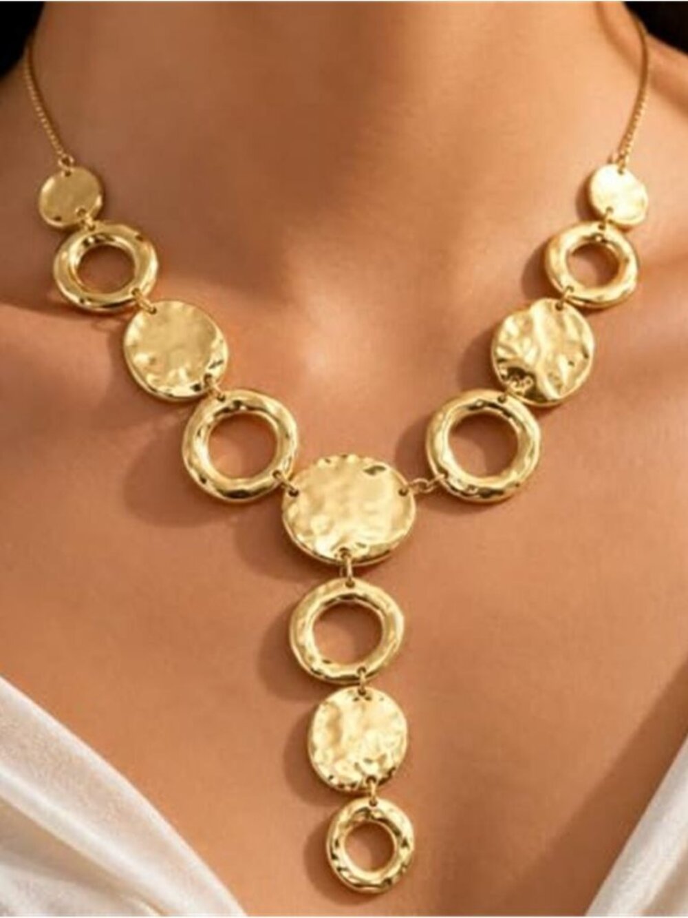 Gold Tone Chunky Y Necklace Hammered Circle Links Sculptural Statement
